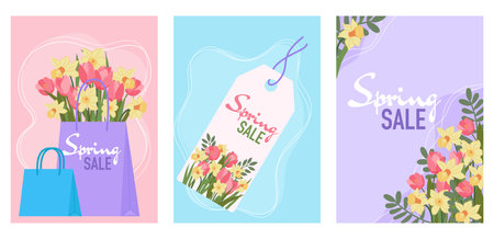 Spring. A set of vintage sale posters featuring hand-drawn flowers. A modern, minimalist retro illustration.のイラスト素材