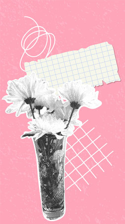 A minimalist illustration of flowers in a vase on a pink background. A trendy halftone collage. Tenderness, romance, contemporary art and design for cards, posters, and branding.のイラスト素材