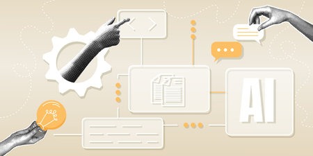 Human hand interaction with an artificial intelligence interface. Trendy halftone collage. Digital...
