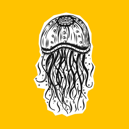 Cute hand drawn jellyfish. Marine theme. Modern vector illustration. Sticker, poster, postcard, menu, textile designのイラスト素材