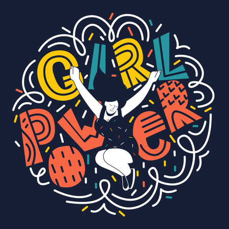 Girl Power Vector illustration with an inscription. Lettering for T-shirts, posters, postcards. A cheerful plump girl jumps with happiness against the background of abstract waves.のイラスト素材