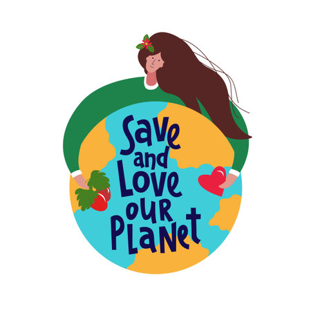 Cute character of young woman which hugging the planet with phrase Save and Love our Planetのイラスト素材