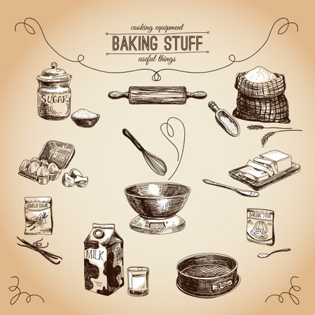 hand drawn set. Vintage illustration with milk, sugar, flour, vanilla, eggs, mixer, baking powder, rolling, whisk, spoon vanilla bean, butter and kitchen dish.のイラスト素材