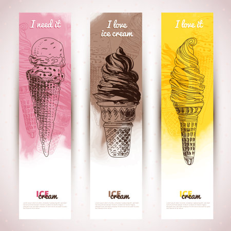 Hand drawn illustration with ice Cream. Banner set. Vintage. Sketch. Watercolor.のイラスト素材