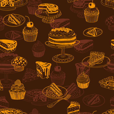 Vector seamless patten with party pastry and sweets. Hand drawn illustration with Cakes and cupcakes. Teatime.のイラスト素材