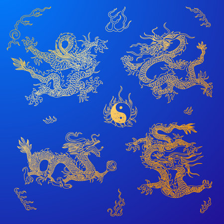 Vector background with asia dragons. Hand drawn illustration. Sketch.のイラスト素材