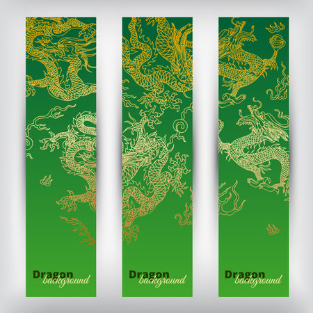 Vector background with asia dragons. Hand drawn illustration. Banner set.のイラスト素材