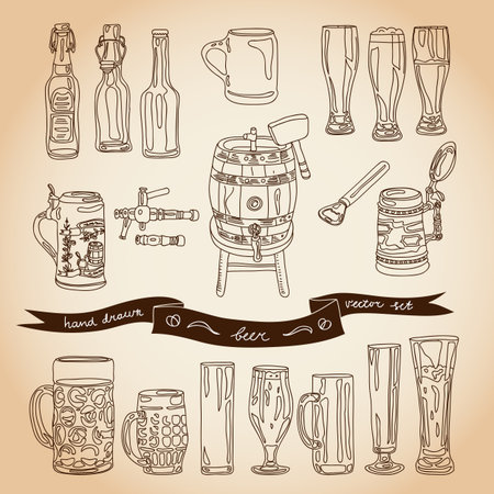 Vector collection of beer glasses and bottles icons. Hand drawn Illustration with beer glasses, beer bottles and beer keg.のイラスト素材