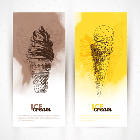Hand drawn vector illustration with ice Cream. Banner set. Vintage. Sketch. Watercolor.のイラスト素材