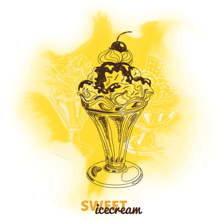 Hand drawn vector illustration with ice Cream. Vintage. Sketch. Watercolor.のイラスト素材