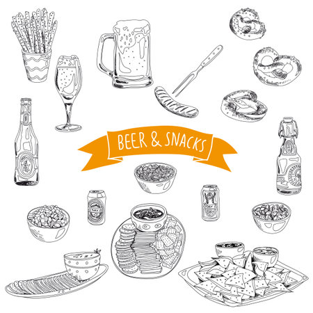 Hand drawn vector illustration. Beer and snacks set. Vintage. Sketch.のイラスト素材