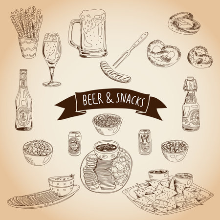 Hand drawn vector illustration. Beer and snacks set. Vintage. Sketch.のイラスト素材