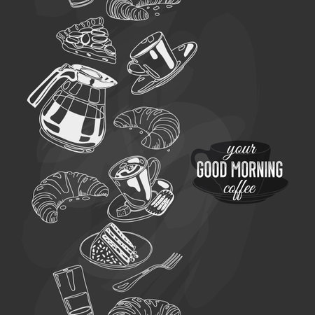 Vector seamless boarder with coffee and sweets. Hand drawn vector illustration. Good morning Vintage Card. Chalkboard background.のイラスト素材
