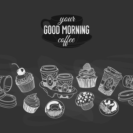 Vector seamless boarder with coffee and sweets. Hand drawn vector illustration. Good morning Vintage Card. Chalkboard background.のイラスト素材