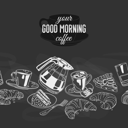 Vector seamless boarder with coffee and sweets. Hand drawn vector illustration. Good morning Vintage Card. Chalkboard background.のイラスト素材