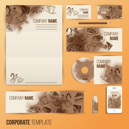 Corporate identity business set design. Abstract background with vintage party pastry, cakes and sweets. Vector illustration.のイラスト素材