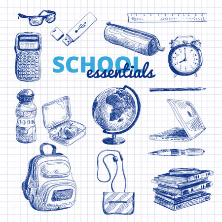 Vector set of school items. Hand drawn Illustration. Back to School. School essential illustration.のイラスト素材