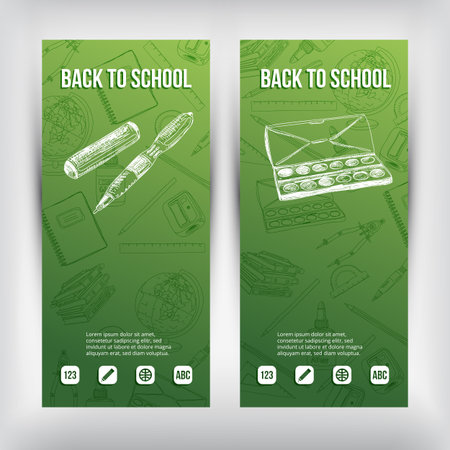 Vector banners set. Hand drawn Illustration. Back to School. Chalkboard.のイラスト素材