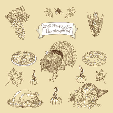 Vintage vector illustration set of Thanksgiving icons. Hand drawn illustration.のイラスト素材