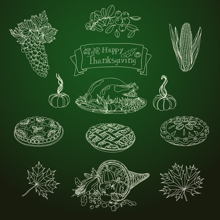 Vintage vector illustration set of Thanksgiving icons. Hand drawn illustration.のイラスト素材