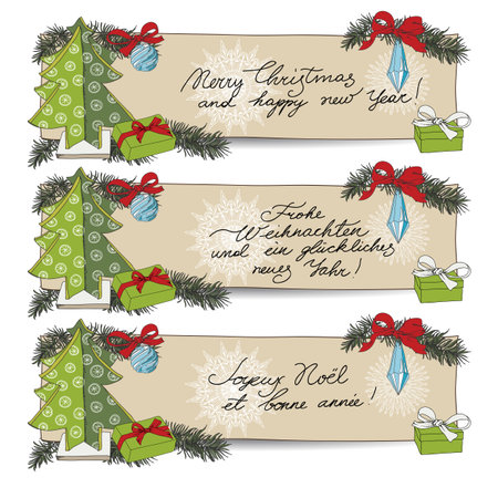 Hand drawn vintage Christmas banners Set. のイラスト素材