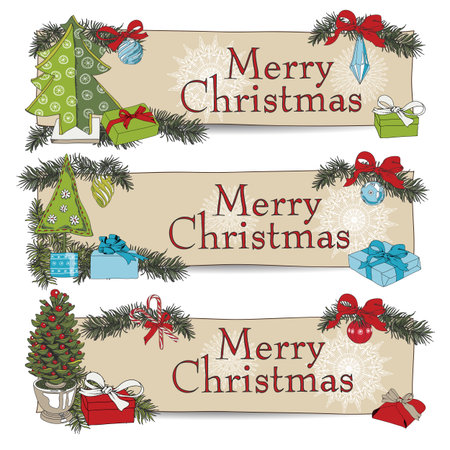 Hand drawn vintage Christmas banners Set. のイラスト素材