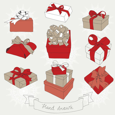 Hand drawn set of gift boxes with bows and ribbons. のイラスト素材