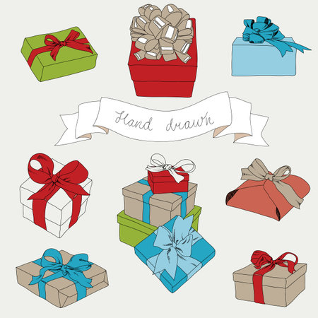 Hand drawn set of gift boxes with bows and ribbons. のイラスト素材