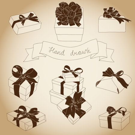 Hand drawn set of gift boxes with bows and ribbons. のイラスト素材