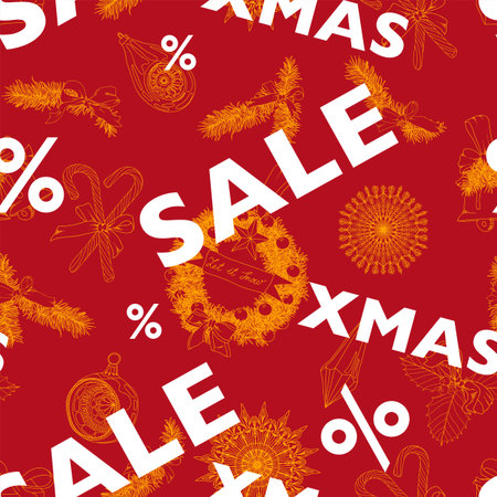 Vector hand drawn Sale christmas pattern. Vintage Seamless christmas background.のイラスト素材