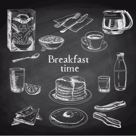 Vector breakfast hand drawn set. Vintage illustration. Chalkboard.のイラスト素材