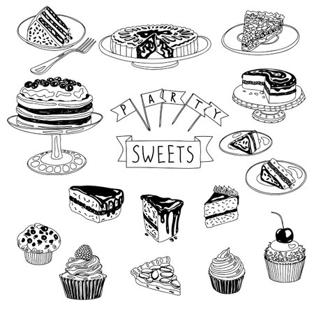 Vector hand drawn set with cakes and sweets. Sweets illustration colletion.のイラスト素材