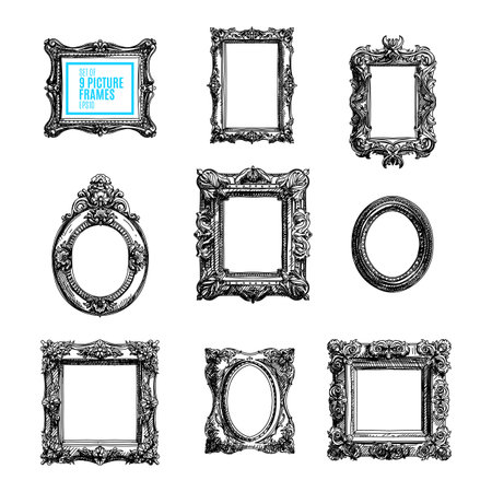 Vector hand drawn set with picture frames. Sketched illustration collektion.のイラスト素材