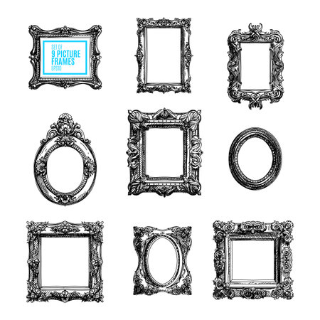 Vector hand drawn set with picture frames. Sketched illustration collektion.