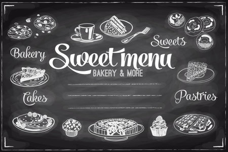 Vector hand drawn breakfast and branch background on chalkboard. Menu illustration.のイラスト素材