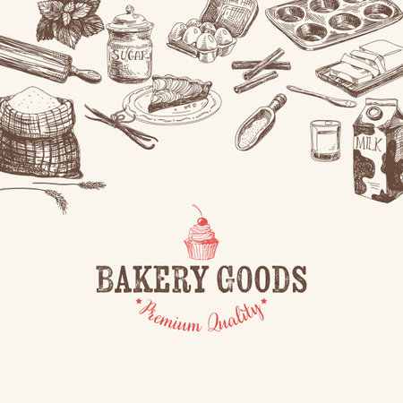 Vector bakery retro background. Vintage Illustration with milk, sugar, flour, vanilla, eggs, mixer, baking powder, rolling, whisk, spoon vanilla bean, butter and kitchen dish.のイラスト素材