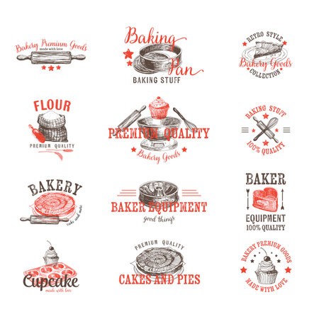 Vector set of bakery logos, labels, badges and design elements. Retro.Vintage.のイラスト素材