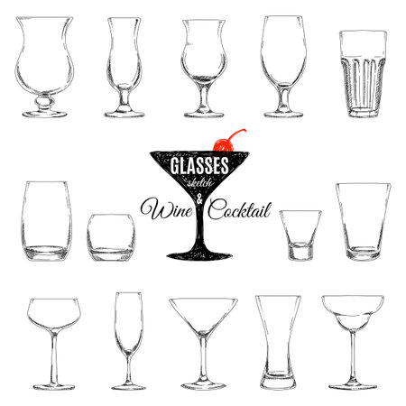 Vector set of different glasses for different drinks, hand drawn illustration.のイラスト素材