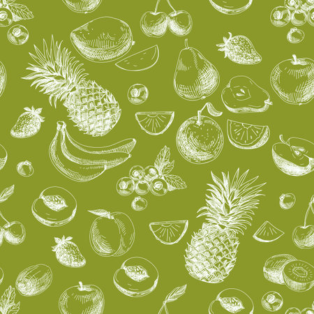 Hand drawn vector seamless pattern with fruits and barries. Vintage. Sketch.のイラスト素材