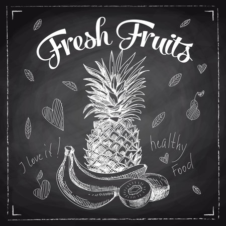 Vector chalkboard illustration with hand drawn fruits. Organic and fresh fruits illustration.のイラスト素材