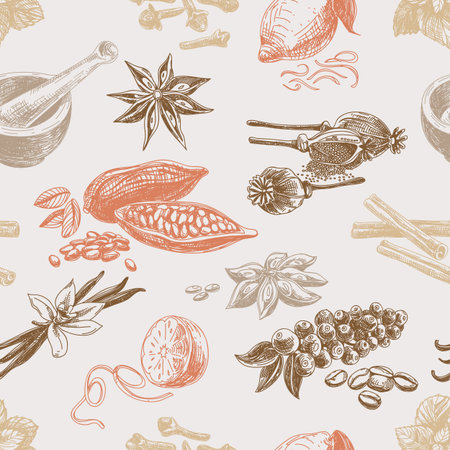 Vector seamless pattern with spices. Repeating background. Vintage Illustration.のイラスト素材