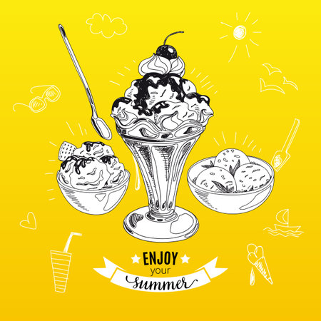 Hand drawn vector illustration with ice Cream. Vintage. Sketch.のイラスト素材