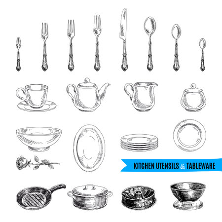 Vector hand drawn illustration with kitchen tools. Sketch.のイラスト素材
