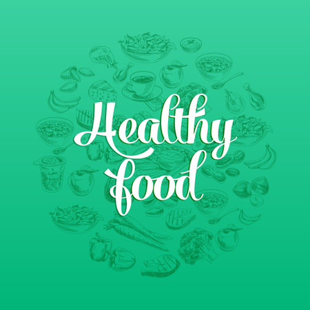 Hand drawn vector illustration with healthy food. Sketch.のイラスト素材