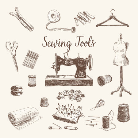 Vector set of highly detailed hand drawn sewing and knitting tools. Vintage signs collection.のイラスト素材