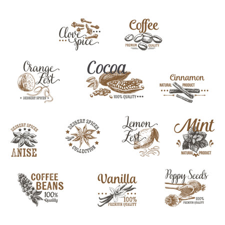 Vector set of Dessert Spices logos, labels, badges and design elements. Retro.Vintage illustrations.のイラスト素材