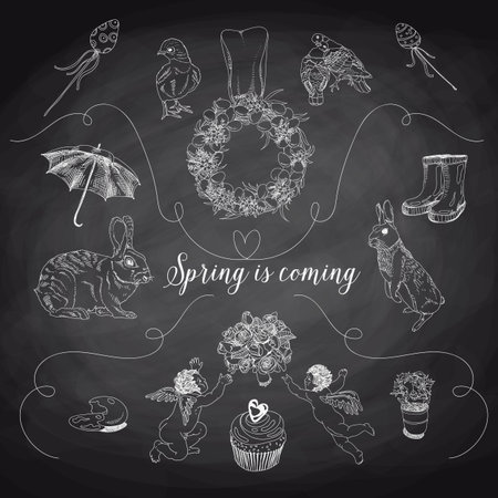 Vector set of hand drawn spring and easter illustrations. Vintage collection. Chalkboard.のイラスト素材
