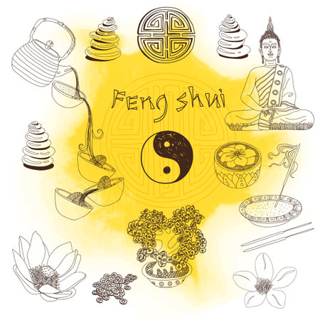 Vector set of yoga and feng-shui icons. Relaxation and recreation.のイラスト素材