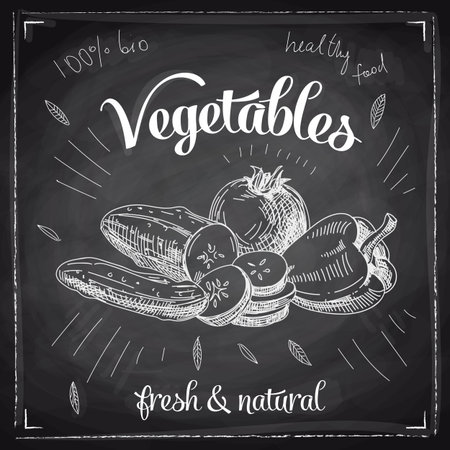 Hand drawn vector illustration with vegetables. Sketch. Chalkboard.のイラスト素材