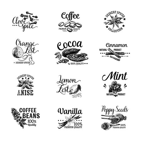 Vector set of Dessert Spices icon, labels, badges and design elements. Retro.Vintage illustrations. Vector set of Dessert Spices icon, labels, badges and design elements. Retro.Vintage illustrations.